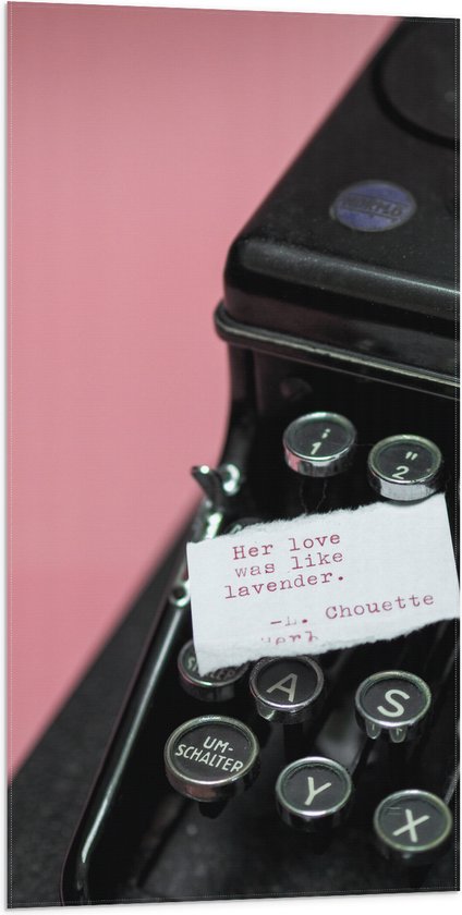 Vlag - Quote op Wit Papier Liggend op Zwarte Vintage Typemachine op Roze Achtergrond - 50x100 cm Foto op Polyester Vlag