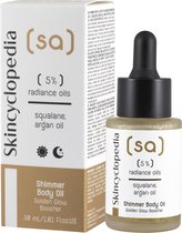 SKINCYCLOPEDIA | SHIMMER BODY OIL MET 5% STRALINGSBEVORDERENDE OLIËN – SQUALANE, ARGAN OIL, SHEA BOTER & CASTOR OIL, EN GOUDEN DEELTJES.