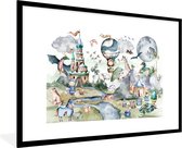 Poster in fotolijst kind - Wanddecoratie kinderkamers - Kinderen - Luchtballon - Draak - Jongens - Kasteel - Waterverf - Kinder decoratie - 120x80 cm - Kinderposter
