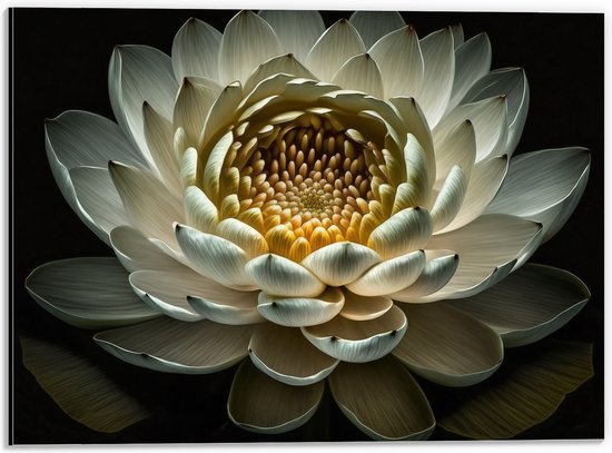 Dibond - Close Up Van Witte Waterlelie met Geel Midden op Donkere Achtergrond - Bloemen - 40x30 cm Foto op Aluminium (Wanddecoratie van metaal)