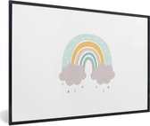 Poster in lijst voor kinderen - Kids wanddecoratie - Schilderij kinderen - Regenboog - Wolken - Regen - Kinderen - Pastel - 90x60 cm