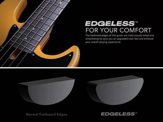 Detail van een elektrische basgitaar met tekst over 'Edgeless' toets en vergelijking van toetsranden.