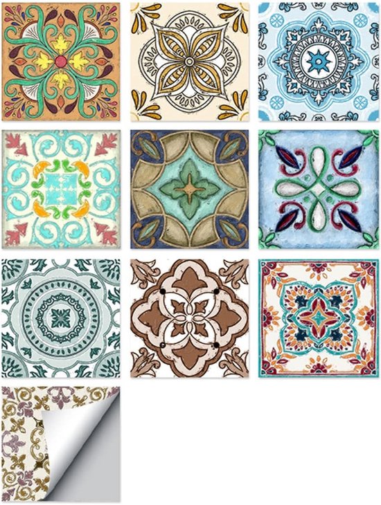 Stickers carrelage PVC motif portugais 20x20 cm | 10x Carreaux adhésifs auto-adhésifs grand format | Mur salle de bain, cuisine, toilette