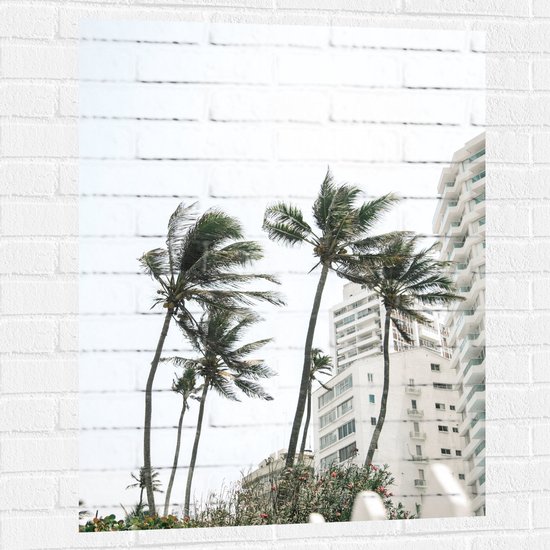 Muursticker - Wind door Palmbomen bij Wit Gebouw - 75x100 cm Foto op Muursticker
