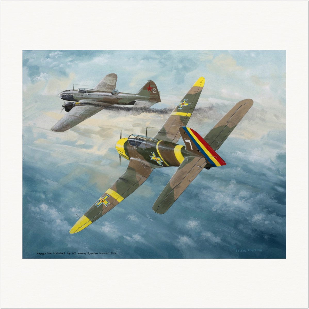 TP Aviation Art Thijs Postma - TP Aviation Art - Poster - Roemeense Heinkel He 112 Valt Russische Ilyushin Il-4 Aan - 70x70cm Kleur