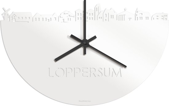 Skyline Klok Loppersum Wit Glanzend - Ø 40 cm - Stil uurwerk - Wanddecoratie - Meer steden beschikbaar - Woonkamer idee - Woondecoratie - City Art - Steden kunst - Cadeau voor hem - Cadeau voor haar - Jubileum - Trouwerij - Housewarming -