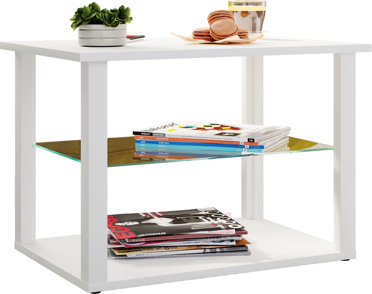 Vcm Houten salontafel Sofa-tafel Woonkamertafel Bijzettafel Glas Wanilo wit