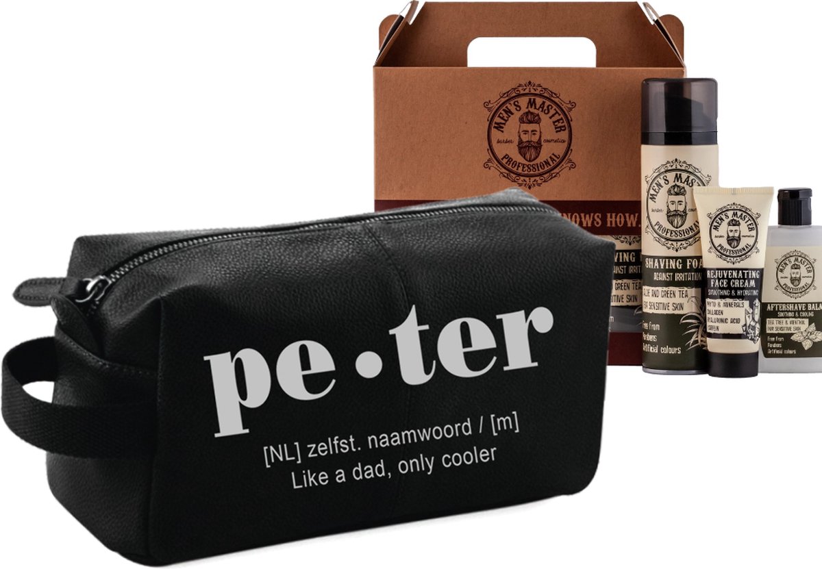 Cadeau voor peter - Toilettas - Shaving set - zwart - Peter vragen - Geschenk