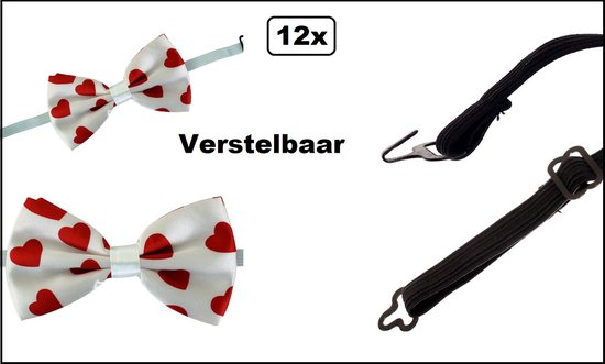 12x Luxe strik hartjesprint 13cm x 7 cm verstelbaar - hart hartje vlinder strik valentijn liefde carnaval optocht thema feest kerst gala huwelijk