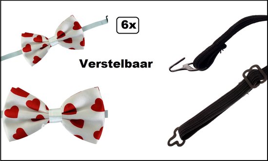 6x Luxe strik hartjesprint 13cm x 7 cm verstelbaar - hart hartje vlinder strik valentijn liefde carnaval optocht thema feest kerst gala huwelijk