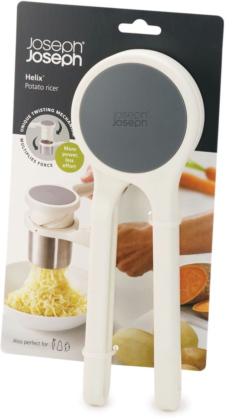 Verpakking van de Joseph Joseph Helix aardappelpers in het wit, met afbeeldingen van aardappelen en wortelen.