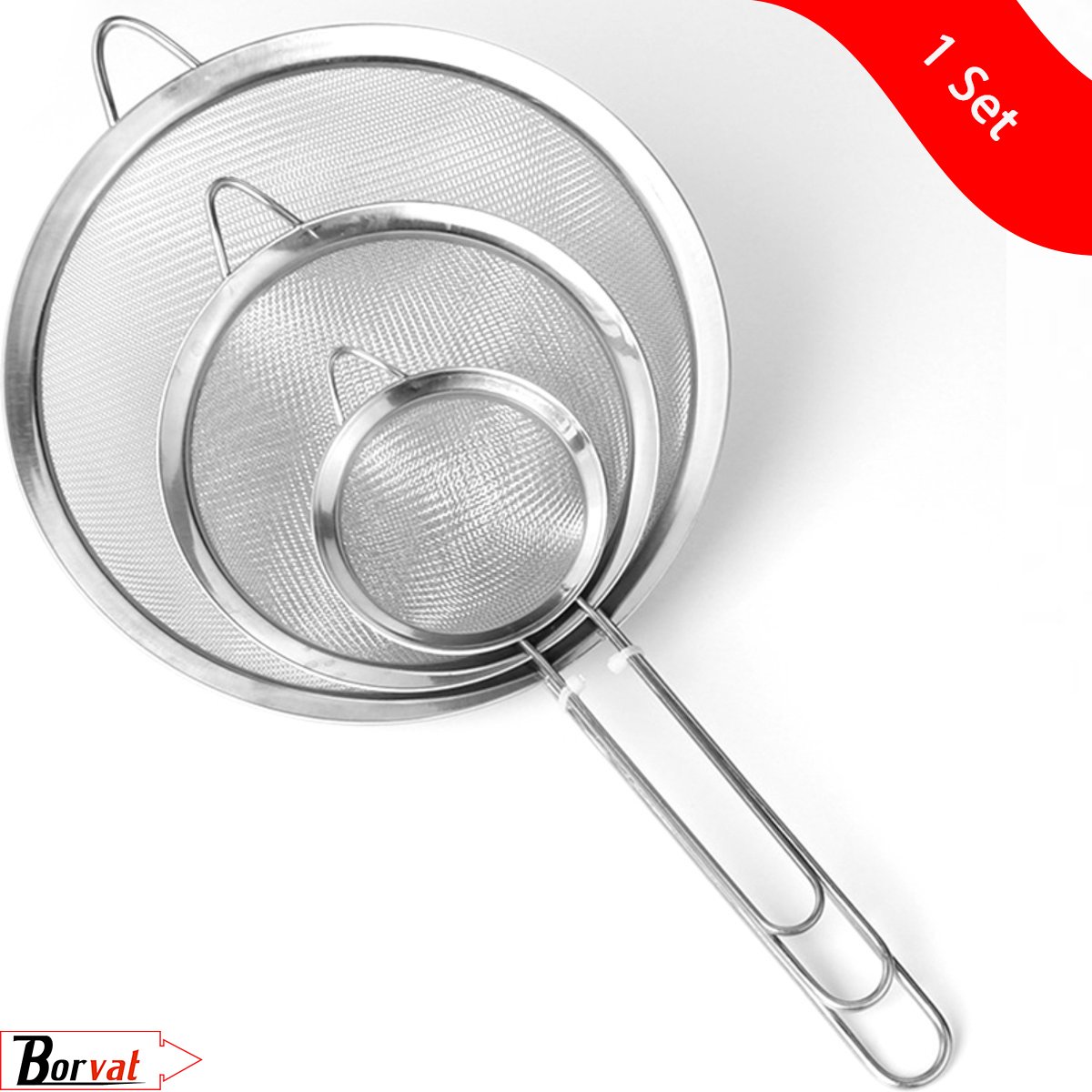 Borvat® |Premium RVS Zeef Set / Vergiet 3 Delig / Keukenzeef / Zeefjes / Ø 8, 14 en 20 cm