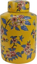 Gele gemberpot met bloemen en vlinders, roze, blauw.