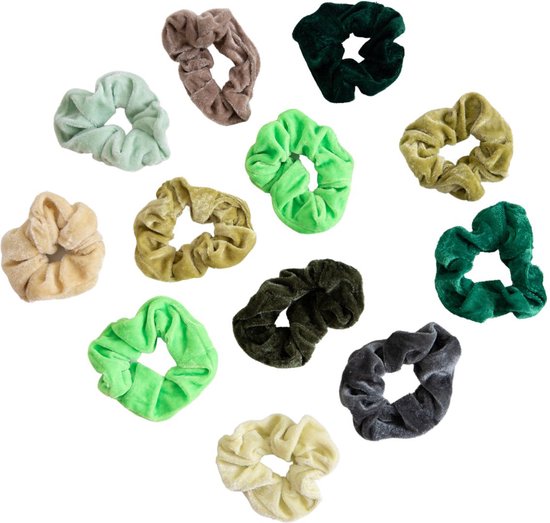 Haar - set van 12 verschillende scrunchies in groentinten - haarbandjes - haarelastiek - groen