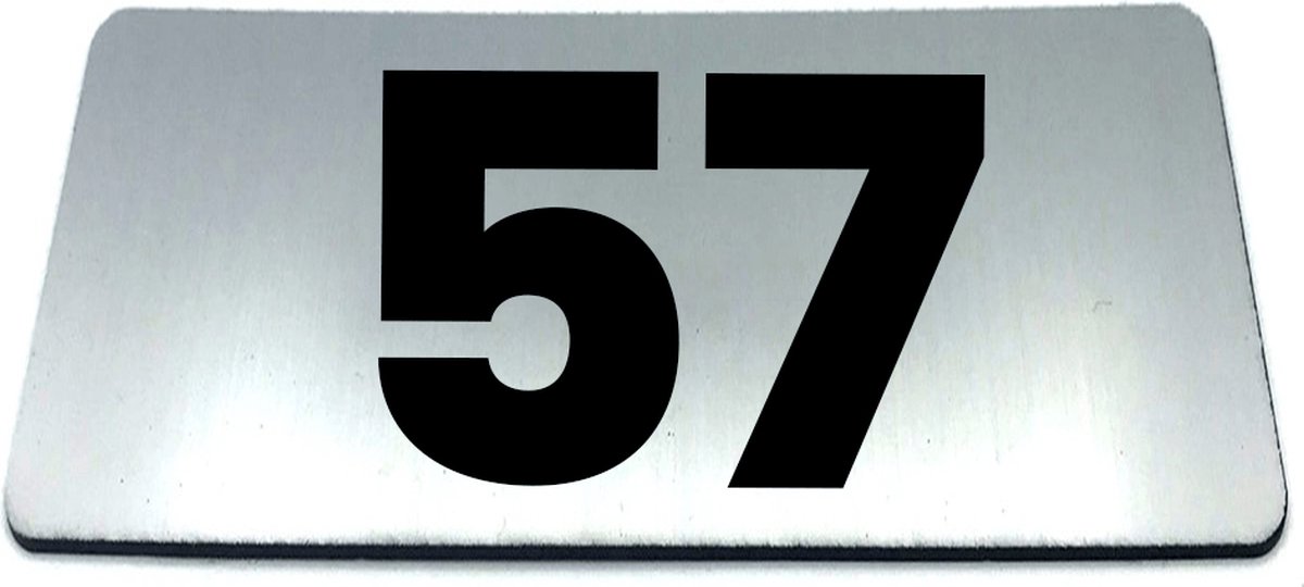 Nummerplaatje 57 - 80 x 50 x 1,6 mm - RVS-look geborsteld - Incl. 3M-tape | Nummerbordje - Deur en kamernummer - brievenbusnummers - Gratis verzending - 5 jaar garantie | Gratis Verzending