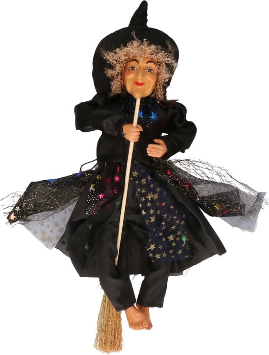 Halloween horror decoratie heksen pop op bezem - 30 cm - zwart - Versiering/feestartikelen