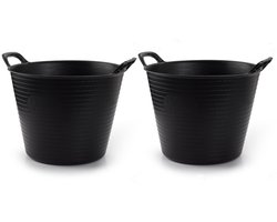 Plasticforte flexibele emmer/kuip - 2x - zwart - kunststof - rond - 25 liter - 42 x 38 x 33 cm - wasmanden - tuinafval - speelgoed