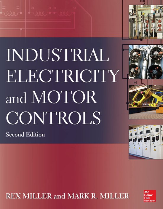Couverture du livre Industrial Electricity and Motor Controls, deuxième édition, avec texte et images d'équipements industriels.