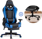 FOXSPORT verstelbare gaming chair - PC-bureaustoel met voetsteun - hoogte en helling verstelbaar - met hoofdsteun en lendensteun - gamingstoel voor kantoor - Met vloerbeschermingsmat - Blauw