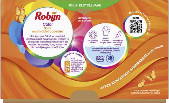 Robijn - Wasmiddel - 3-in-1 Wascapsules - Color - 4 x 15 stuks - 60 Wasbeurten - Voordeelverpakking