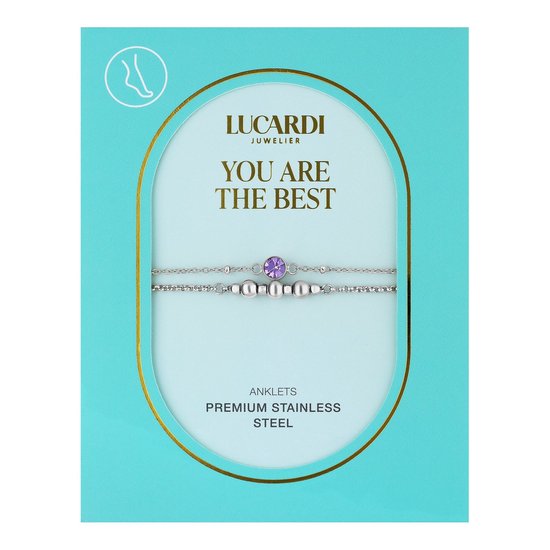 Lucardi Bracelet de cheville double en acier pour femme avec pierre violette - Accessoire - Acier - Argenté - 26 cm