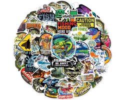 Hengelsport Stickers - Pakket 50 Stickers voor Vissers met Vissen, Hengels, Blinkers, Engelse Teksten, 6x6CM - Sportvissers
