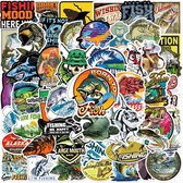 Hengelsport Stickers - Pakket 50 Stickers voor Vissers met Vissen, Hengels, Blinkers, Engelse Teksten, 6x6CM - Sportvissers