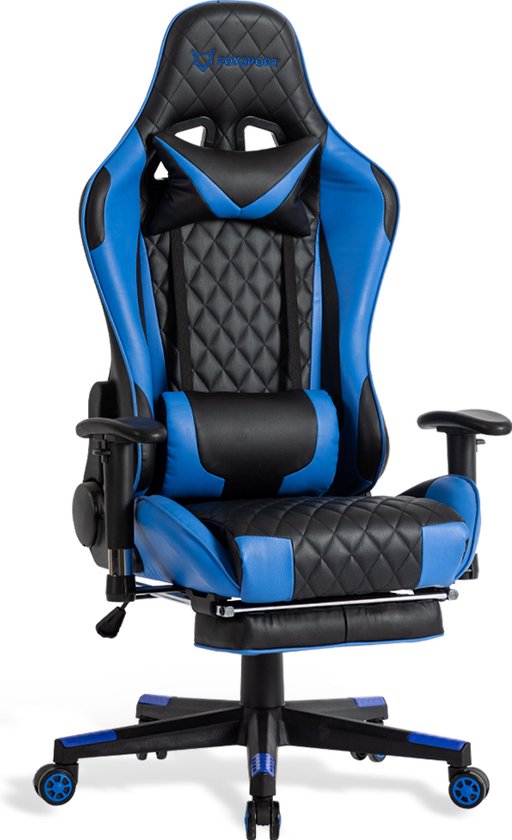 FOXSPORT Gamestoel met voetsteun - Ergonomisch - Verstelbaar - Met lendensteun en hoofdsteun - Racing - Gaming Chair - Bureaustoel - blauw