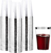 50 stuks zilveren omrande plastic bekers, 360 ml plastic bekers herbruikbare drinkbekers elegante feest wijnglazen voor champagne bier cocktail martini frisdrank dessert (10,5 x 7,5 cm)