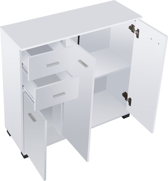 Wit halmeubel met geopende deuren en laden, met zilverkleurige handgrepen.