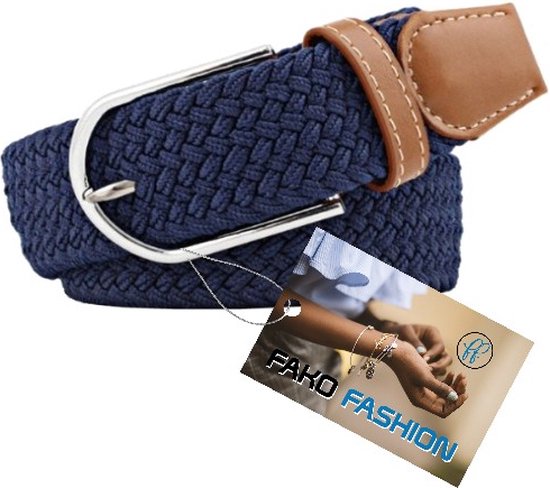 Donkerblauwe elastische gevlochten riem met bruine leren details en zilveren gesp. Met 'Fako Fashion' label.