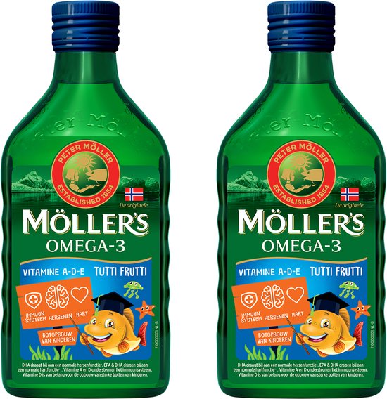 Twee identieke flessen Moller's Omega-3 Tutti Frutti met label en illustratie.