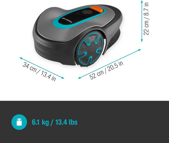 Afmetingen van grijze robotmaaier met turkooizen accenten: 34 cm breed, 52 cm lang, 22 cm hoog, gewicht 6.1 kg.