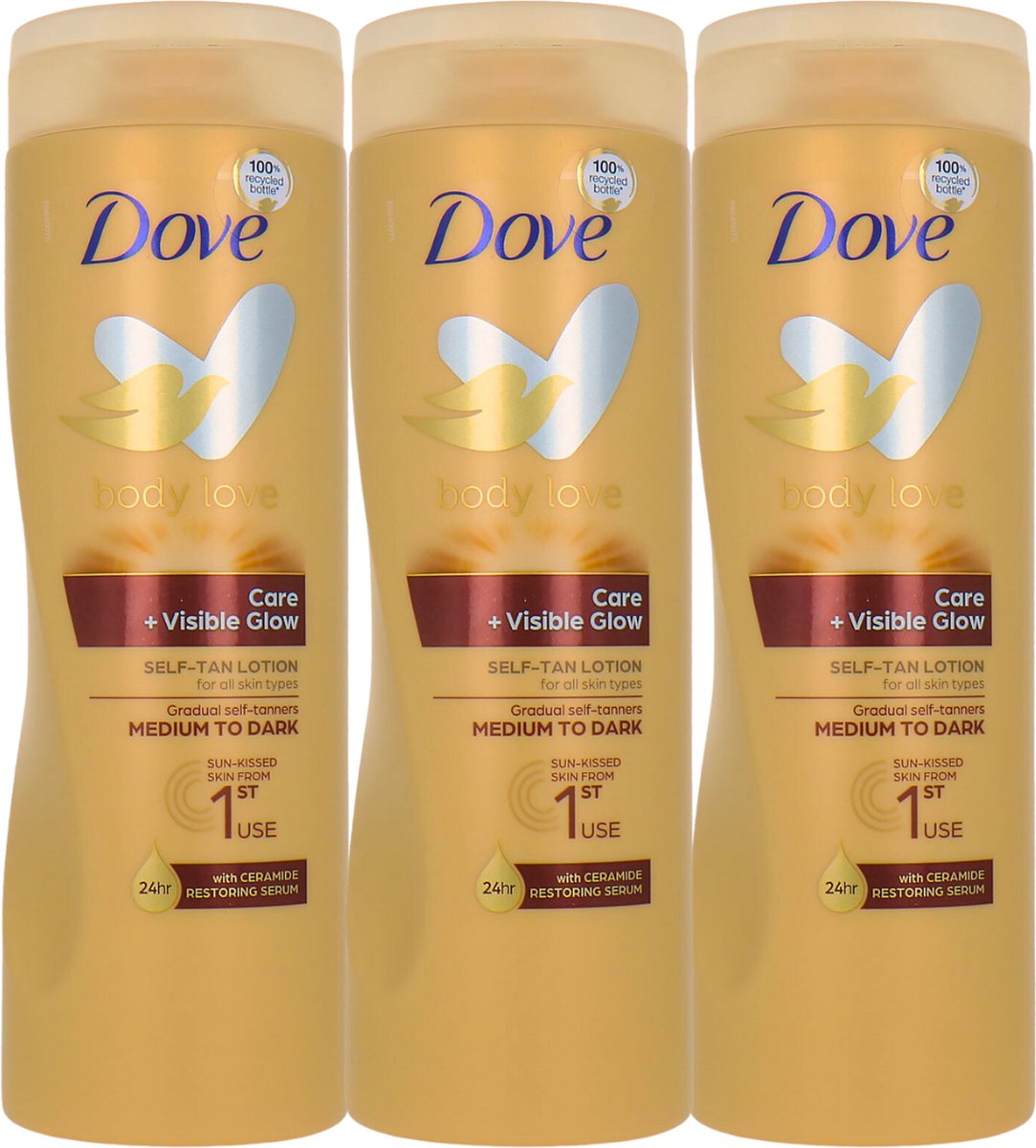Dove Body Love Care+Visible Glow Lotion pour le corps - Lotion autobronzante  - 3 x 400 ml | bol