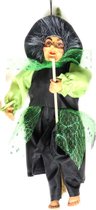 Creation decoratie heksen pop - vliegend op bezem - 35 cm - zwart/groen - Halloween versiering
