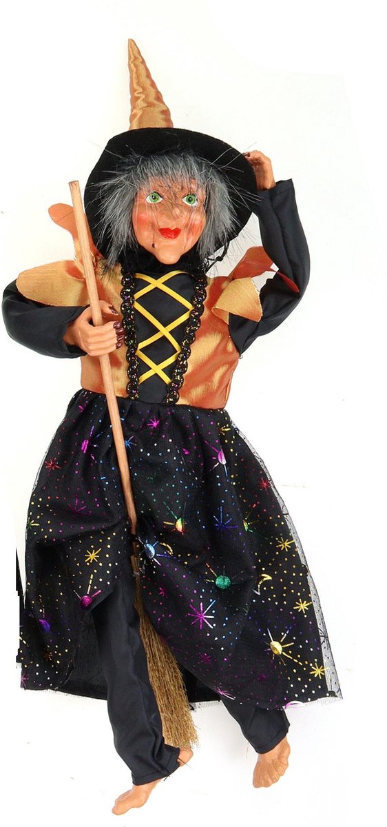 Creation decoratie heksen pop - vliegend op bezem - 40 cm - zwart/oranje - Halloween versiering