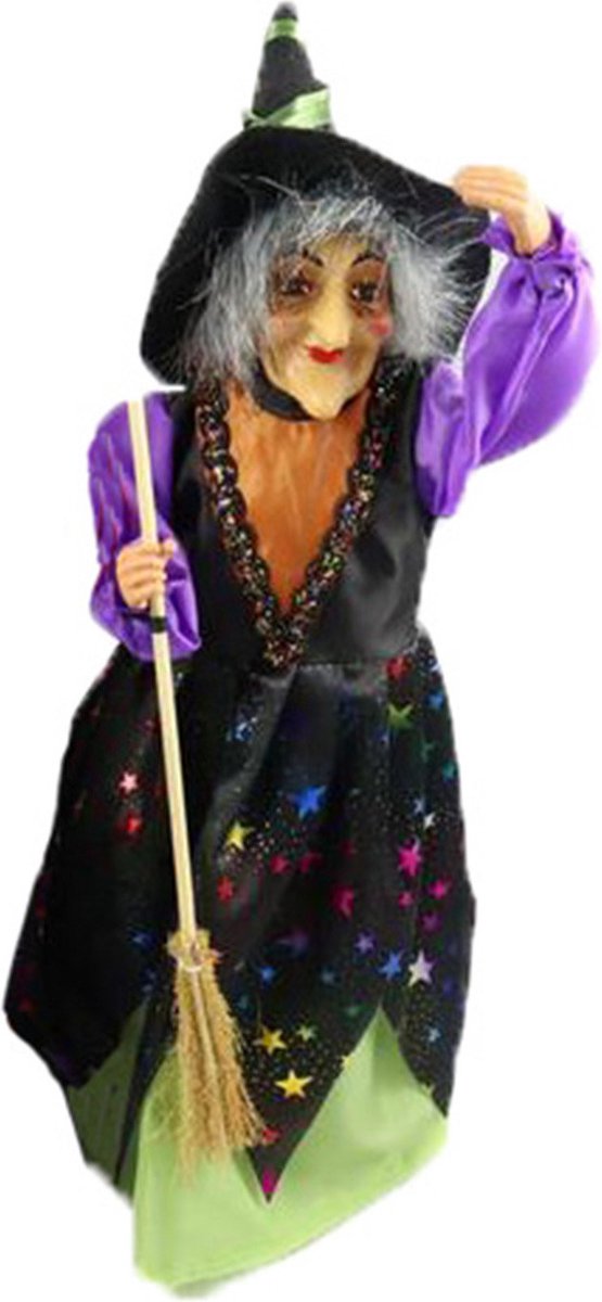 Creation decoratie heksen pop - staand - 35 cm - zwart/groen - Halloween versiering
