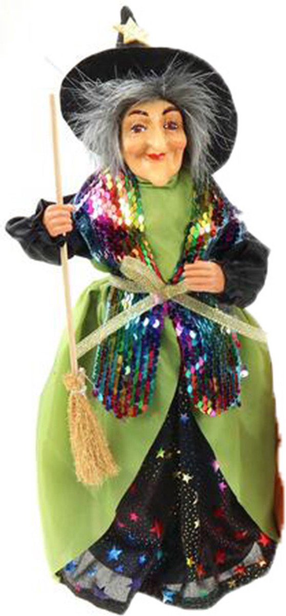 Creation decoratie heksen pop - staand - 30 cm - zwart/groen - Halloween versiering