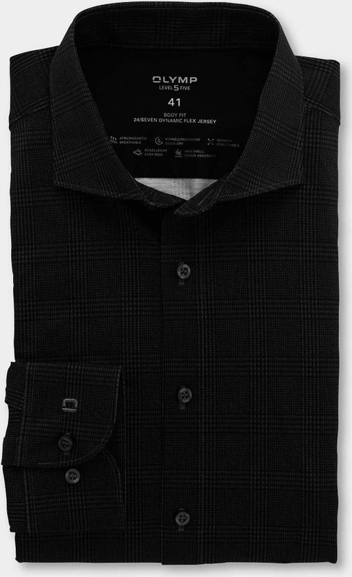 Chemise OLYMP Level 5 body fit 24/7 - jersey longueur manches 7 - noir à carreaux Prince de Galles gris (contraste) - Repassage facile - Taille de col : 40