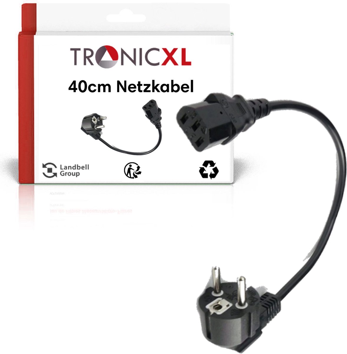 TronicXL Aansluitsnoer - netsnoer- krachtstroomkabel 40 cm voor koude apparaten. 90° - koude apparaat-aansluiting recht