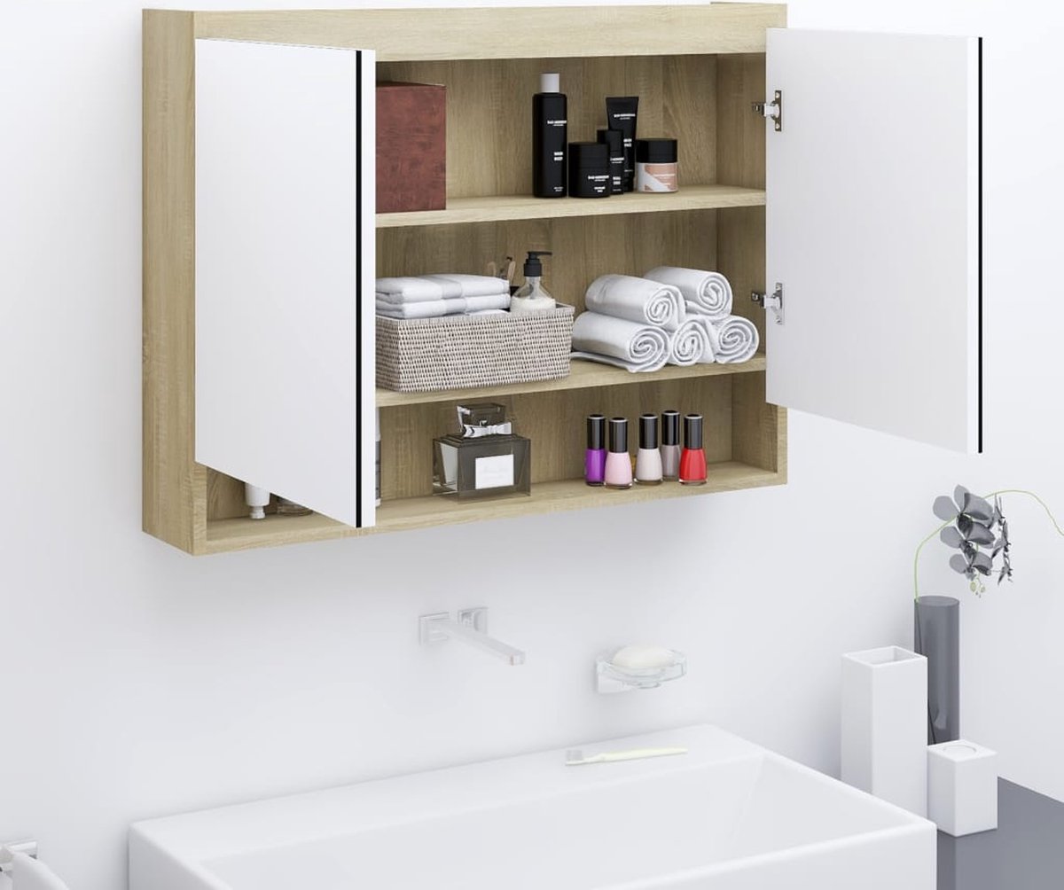 Armoire à glace murale The Living Store - Wit et chêne - MDF avec ...