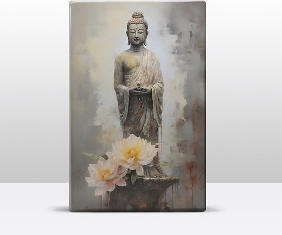Buddha met bloemen - Mini Laqueprint - 9,6 x 14,7 cm - Niet van echt te onderscheiden handgelakt schilderijtje op hout - Mooier dan een print op canvas. - LWS512