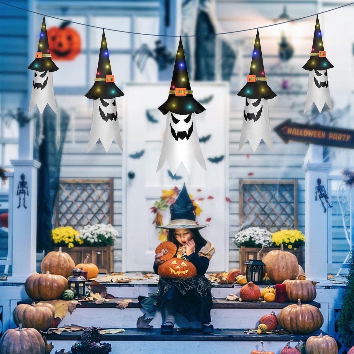 Guirlande Lumineuse Halloween - 5 Fantômes & Chapeaux De Sorcière Phosphorescents - Décoration Extérieure/Intérieure - Piles Non Incluses