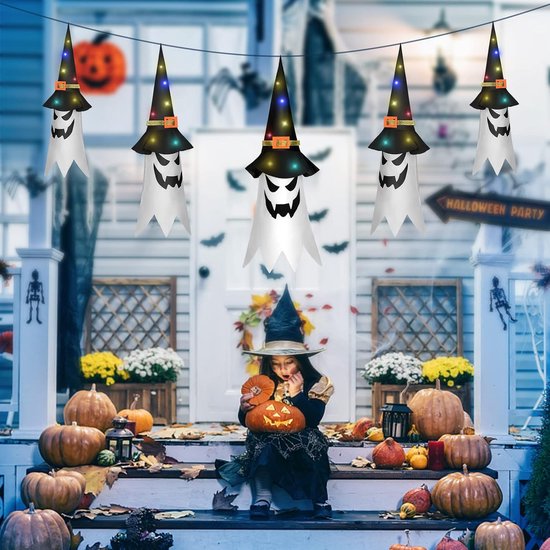 Décorations Halloween Lumineuses à Suspendre - Fantôme Avec Chapeau De Sorcière - 35,5x105 Cm - Fonctionne Sur Piles - 10