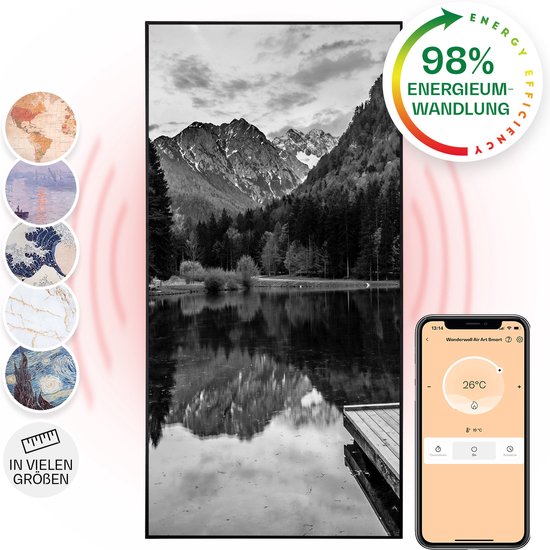 Klarstein Wonderwall Air Art Slimme Infrarood Verwarming - Warmtepaneel - 60X120Cm - 700W - 14 M² - Design Front - App Controle - Geruisloos - Wandmontage - Afstandsbediening - Praktisch - Thermostaat - Weektimer - Ip44 - Motief: Meer Zwart/Wit