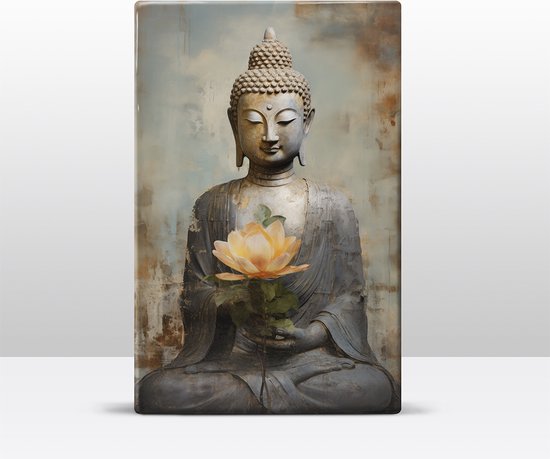 Buddha met bloemen - Mini Laqueprint - 9,6 x 14,7 cm - Niet van echt te onderscheiden handgelakt schilderijtje op hout - Mooier dan een print op canvas. - LWS531