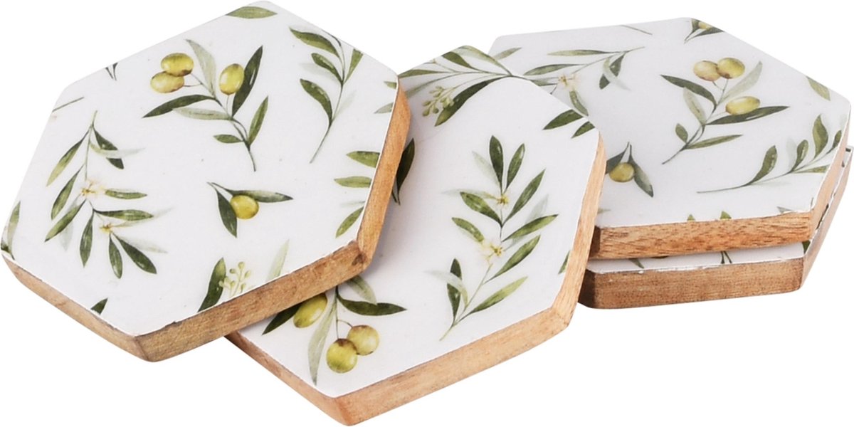 Dekoratief | Set 4 onderzetters 'Olives', hout/email, 10x10x1cm | A230905