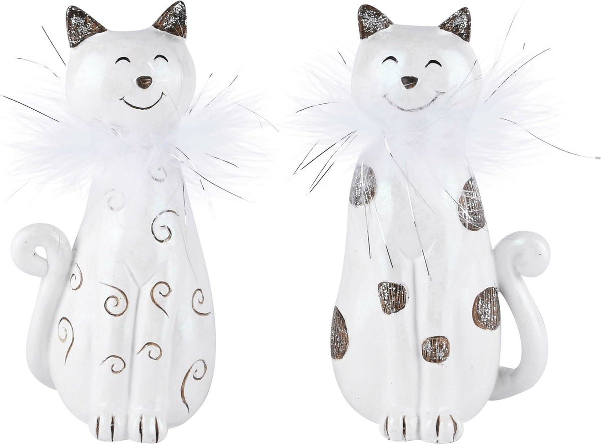 Dekoratief | Poes 'Smiley', wit/zwart, resina, 9x8x18cm, set van 2 stuks | A225912