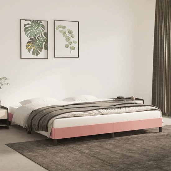 Foto: The living store bedframe fluweel roze 203x203x25cm ondersteunende poten multiplex lattenbodem