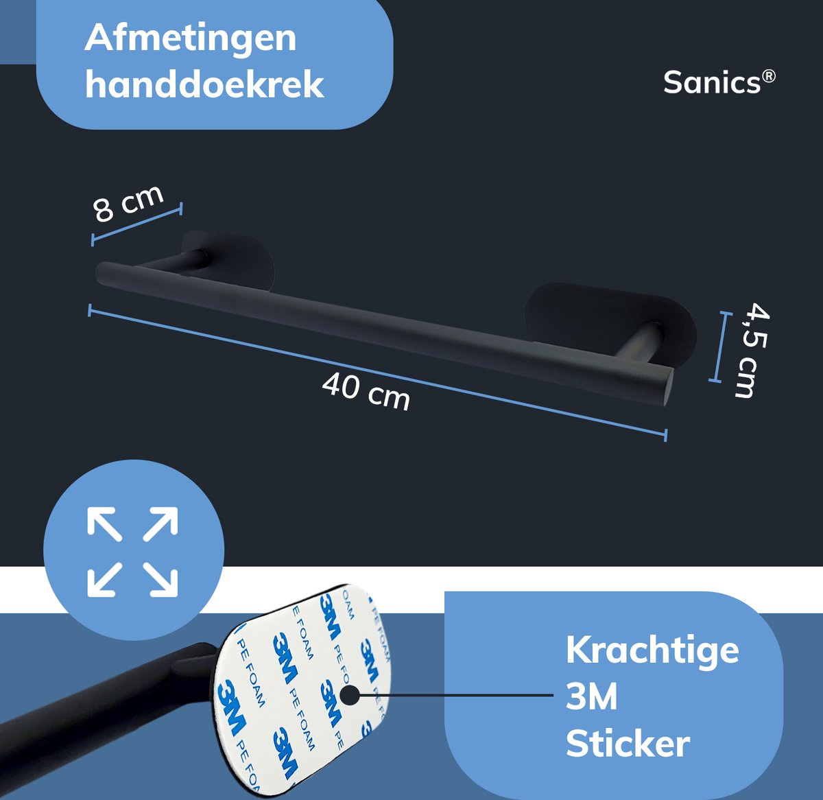 Sanics Handdoekrek Zonder Boren Zwart 50 CM - Handdoekhouder - Handdoekenrek Badkamer of Keuken - Handdoekstang Zelfklevend - Handdoekhouders RVS